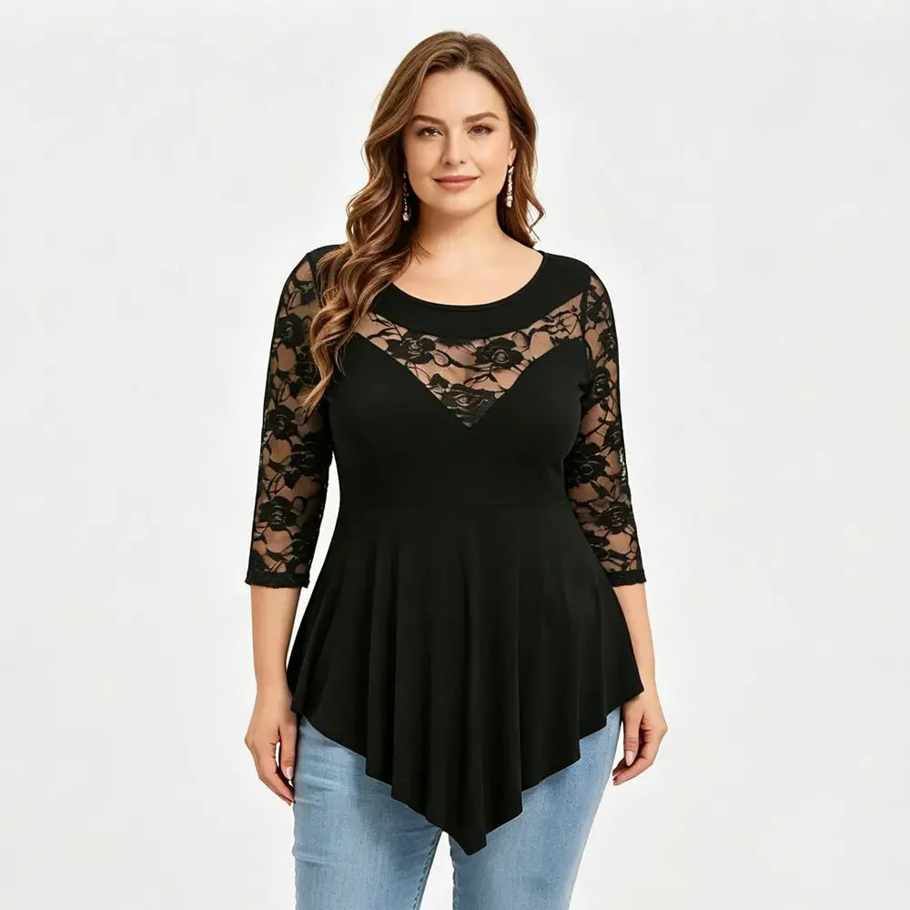 🛍️ Colecția Primăvară 2026 Plus Size: Bluză Elegantă cu Dantelă Florală, Mâneci 3/4 și Tiv Asimetric 💃 Cu Decolteu Transparent, Maschează Torsul & Subțiază Optic | 6 Culori, Mărimi S-5XL
