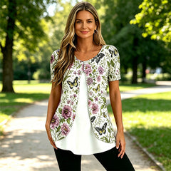Bluză Elegantă 2 în 1 cu Imprimeu Floral – Croială Lejeră ce Ascunde Abdomenul și Subțiază Silueta
