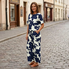 Costum de Vară din Două Piese pentru Femei, Set Casual cu Bluză Mânecă Scurtă și Pantaloni Lungi Largi, Imprimeu Floral Modern