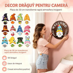 Plăcuță din Lemn „Welcome” pentru Ușă cu Elemente Interschimbabile – Semn Decorativ de Perete pentru Toate Anotimpurile și Ocaziile