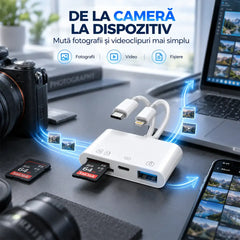 ⚡ Adaptor & Cititor de Carduri Multifuncțional 4-în-1 (USB-C + Lightning) – Transfer Rapid de Date pentru iPhone, iPad, Android și Laptop fără Aplicații!