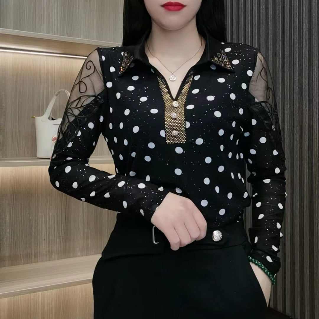 Női hosszú ujjú galléros póló – pöttyös minta, strasszköves díszítés, karcsúsító szabás【M–4XL】