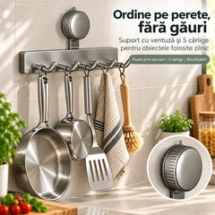 🍳 Suport Cu Cârlige Cu Ventuză Vacuum – Instalare Instant Fără Găurire, Susținere Puternică și Reutilizabil!