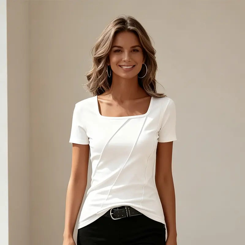 Tricou Dama Elegant cu Guler Pătrat și Pliuri Diagonale, Bluză Cambrată pe Corp din Bumbac Elastic, Material Moale, Respirabil și Confortabil