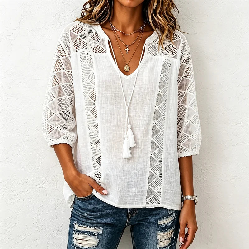 👚 Bluză de Primăvară-Vară cu Dantelă Decupată și Șnur – Croi Lejer, Mâneci 3/4 Anti-Burtică, 5 Culori, Mărimi S-5XL! 🌸✨