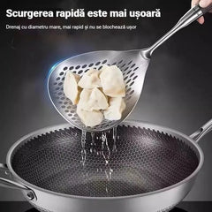 Lingură Spumieră Profesională din Oțel Inoxidabil cu Mâner din Lemn de Lux, Design Ergonomic în Formă de Picătură, Strecurătoare Mare pentru Bucătărie