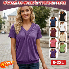 Tricou Elegant cu Guler în V și Detalii Plisate – Croială Lejeră ce Flatează Orice Siluetă