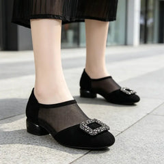 Pantofi Eleganti de Dama din Piele Suede si Plasa Respirabila cu Catarama cu Cristale si Toc Mic Gros – Negru