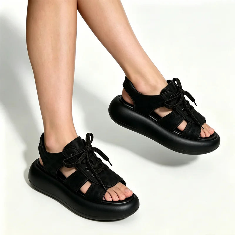 Colecția Retro 2026 ✨ Sandale cu Platformă Moale și Șireturi 👡 Efect de Picioare Lungi!