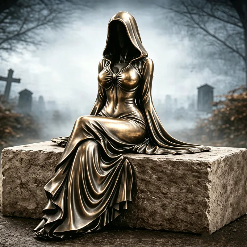 【15*9.2*7CM】Statuetă Zeița Morții din Rășină - Sculptură Gotică Fără Față cu Glugă, Ornament Decorativ Mistic pentru Raft și Casă