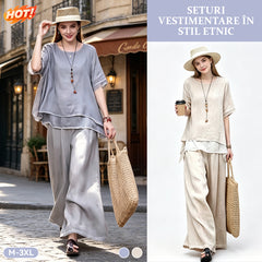 Set de Damă din Bumbac și In, Stil Retro-Artistic: Bluză Lejeră cu Două Straturi și Pantaloni Largi, Design pentru Subțiere