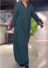 💟【S-3XL】Egyszínű, lezser ruha V-nyakkal és hosszú ujjakkal