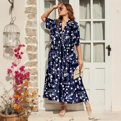 Elegáns, középhosszú női ruha növényi mintával – kényelmes, karcsúsító és sokoldalú viselet