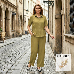 【Comandă astăzi și primești CADOU: o broșă cu perlă aurie.】✨Set Elegant de Damă cu Talie Ajustabilă, Cămașă cu Șnur și Pantaloni Lejeri, Material Premium cu Textură Fină, M-4XL