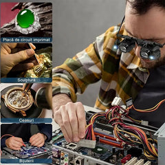 Lupă de Cap Tip Ochelari cu Lumină LED 24X - Pentru Reparații Ceasuri și Lipire Componente Electronice, 5 Seturi de Lentile Interschimbabile (2X/6X/8X/12X/24X)