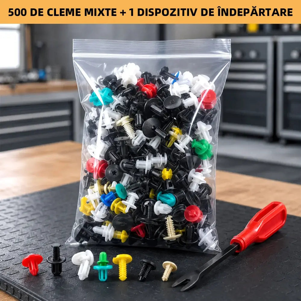 🛍️ Set Universal de 500 Piese Cleme și Nituri Auto din Nylon 🚘 Include Unealtă de Extragere (Rănguță) | Pentru Plafon, Aripi, Portbagaj, Panouri Uși | Universal & Rezistent