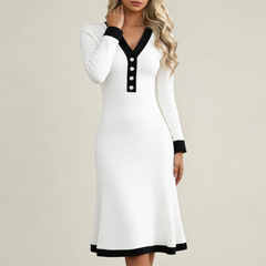 Elegáns, színblokkolt V-nyakú midi ruha – karcsúsító szabás, kényelmes mindennapokra