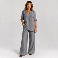 ❤️50% Reducere💥【40-100 kg】Set 2026: Top uni din bumbac și in, mânecă scurtă și decolteu în V + pantaloni casual drepți