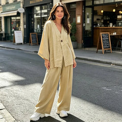 Compleu de Vară din In cu Sacou Kimono și Pantaloni Lungi Largi, Subțire și Respirabil, Design Elegant Oversized pentru Femei – Set Casual Bej Clasic