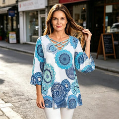 Tricou de Vară Dama Marimi Mari S-3XL: Imprimeu Retro, Decolteu în V cu Bretele Încrucișate, Material Moale