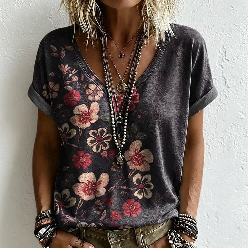 👚 Tricou de Vară în Stil Boho cu Decolteu în V – Imprimeu Digital 3D Tridimensional, Croi Lejer Slim-Look, 4 Culori, Mărimi S-5XL! 🌸✨