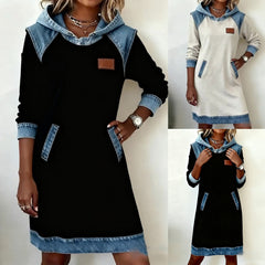 🌷✨👗Őszi-téli újdonság 50% kedvezménnyel🌞❄️ Új patchwork kapucnis farmer ruha ❄️ – bő, kényelmes és könnyen kombinálható