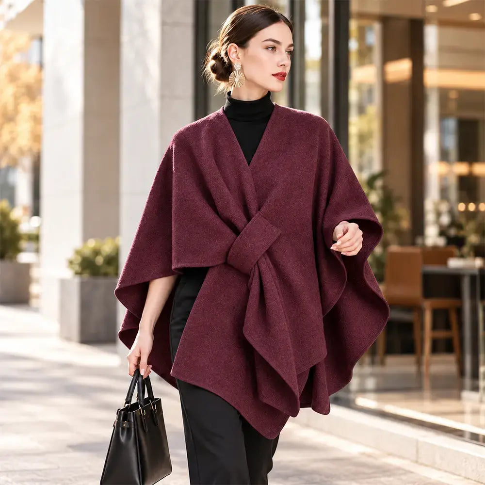 🧥 Șal tip Poncho Multifuncțional din Stofă pentru Toamnă-Iarnă! Design Elegant cu Prindere Suprapusă · Stil Versatil · Călduros și Confortabil!