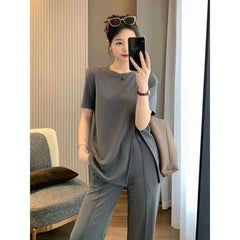 🔥【Top + pantaloni】（M~4XL）👕👖Set nou de pantaloni largi pentru femei, de vară, la modă, mărime plus, lejeră