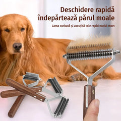 Perie Profesională De-Shedding pentru Câini și Pisici, Pieptene Dublu din Inox pentru Descâlcit Blana și Îndepărtat Subpărul, Mâner din Lemn, Reduce Căderea Părului