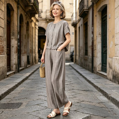 👕👖【Tricou + pantaloni largi】Set casual modern din in – respirabil și confortabil