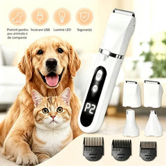 8-piece set--Trusă de Îngrijire 4 în 1 pentru Animale de Companie – Aparat de Tuns Câini și Pisici cu PILĂ de Unghii, Afișaj LED și Zgomot Redus【Consolă principală + 4 capete interschimbabile + 3 piepteni de ghidare】