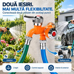 💦 Economisește Spațiu și Timp! Robinet Dublu Multifuncțional cu Două Ieșiri Independente (1/2")! Rezistent la Îngheț și Temperaturi Ridicate · Perfect pentru Mașina de Spălat, Grădină și Spălat Mașina!
