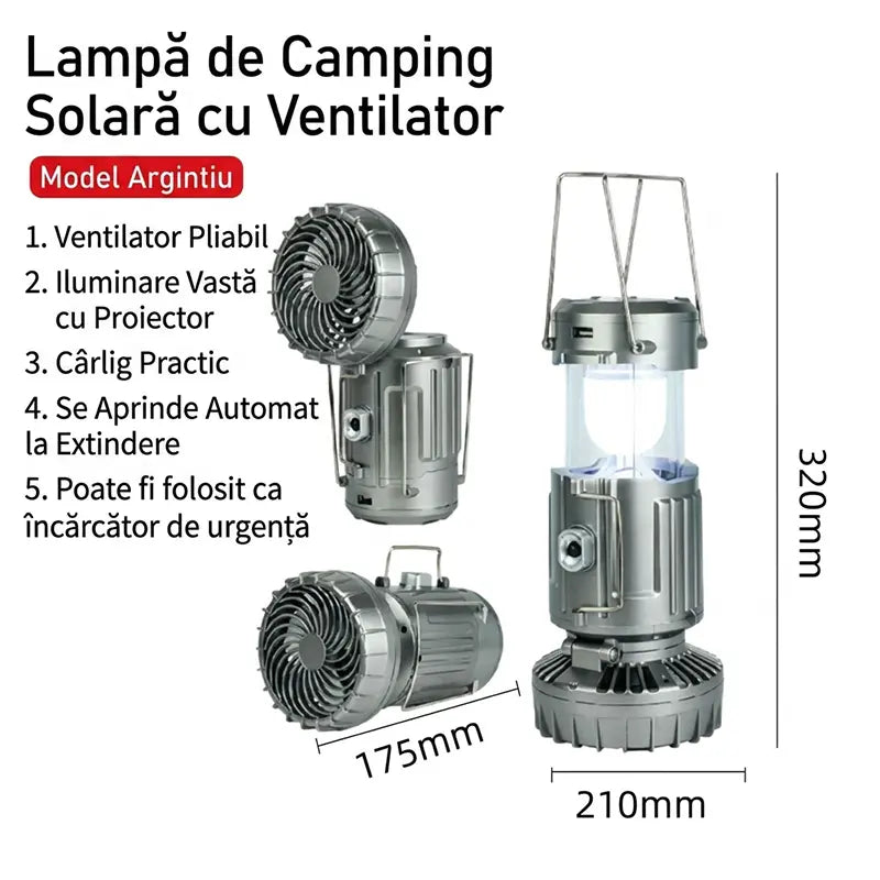 Felinar de Camping 3 în 1 cu Încărcare Solară și Ventilator Pliabil, Lampă LED Telescopică, Funcție Power Bank de Urgență, Reîncărcabil USB