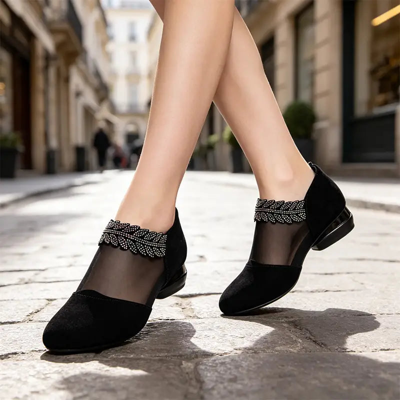 👡💎 Pantofi cu toc mic, plasă și cristale, stil franțuzesc