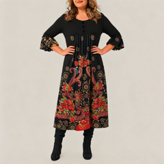 Női hosszú ujjú, retro mintás ruha – kényelmes, zsebes, elegáns stílus