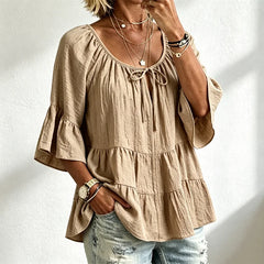 Bluză de Damă Elegantă cu Volane și Șnur la Decolteu, Mâneci Trei Sferturi Tip Clopot, Cămașă Texturată în Stil Boho-Chic, Model Peplum Lejer