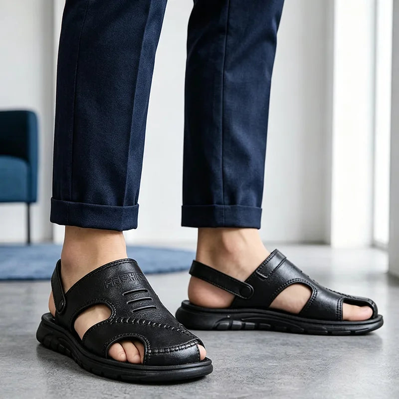 👞 【Indispensabil vara pentru bărbații cu picioare transpirate】 Papuci casual din piele naturală, respirabili