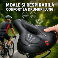 Șa Bicicletă Universală MTB, Extra Lată și Confortabilă cu Spumă cu Memorie – Design Ergonomic Respirabil cu Decupaj Central și Bile Antişoc pentru Drumuri Lungi