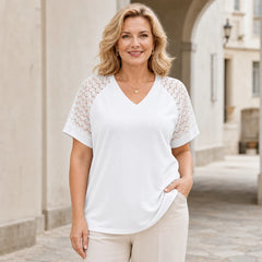 🛍️ Eleganță de Vară! Tricou Plus Size cu Inserții de Dantelă și Decolteu în V | L-5XL