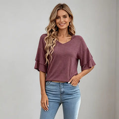 Bluză de Vară din Bumbac Pur Dama, cu Decolteu în V - Tricou Elegant cu Mâneci cu Volane, Material Moale, Respirabil și Prietenos cu Pielea