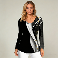 Divatos csíkos mintás, gombos hosszú ujjú női póló – kényelmes és karcsúsító