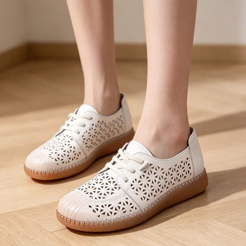Pantofi Casual de Vară Dama din Piele Ecologică cu Model Golit, Mocasini Confortabili cu Talpă Moale, Pantofi Slip-On cu Șiret Elastic