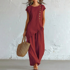 ✨Set Casual de Vară cu Design Asimetric și Nasturi Laterali, Top fără Mâneci și Pantaloni Largi, Stil Boho-Chic