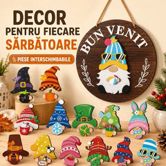 Plăcuță din Lemn „Welcome” pentru Ușă cu Elemente Interschimbabile – Semn Decorativ de Perete pentru Toate Anotimpurile și Ocaziile