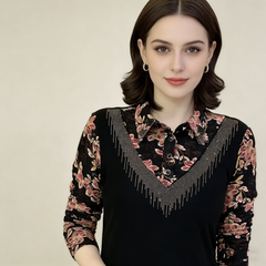 Elegáns hosszú ujjú felső – nyomott mintás gallér, puha bársony alsó rész