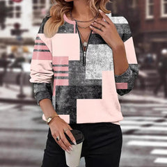 Női laza cipzáras pulóver – V-nyakú, hosszú ujjú, színblokkolt dizájnnal