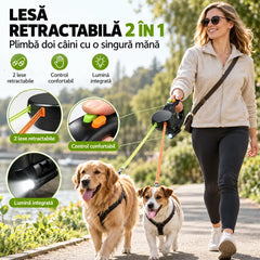 🐕 Lesă Retractabilă Dublă 2 în 1 pentru Doi Câini! Control Independent · Lanternă LED Integrată · Sistem Anti-Încâlcite · Plimbări Confortabile și Sigure!