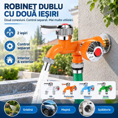 💦 Economisește Spațiu și Timp! Robinet Dublu Multifuncțional cu Două Ieșiri Independente (1/2")! Rezistent la Îngheț și Temperaturi Ridicate · Perfect pentru Mașina de Spălat, Grădină și Spălat Mașina!