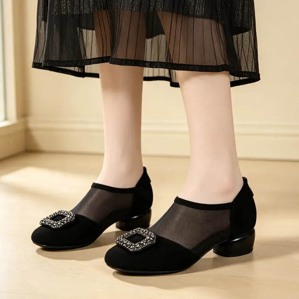 Pantofi Eleganti de Dama din Piele Suede si Plasa Respirabila cu Catarama cu Cristale si Toc Mic Gros – Negru