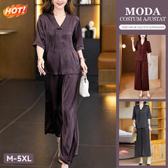 👚👖【Set 2 piese: bluză + pantaloni】✨Set elegant premium din satin de mătase de dud, cu efect de subțiere și stil rafinat